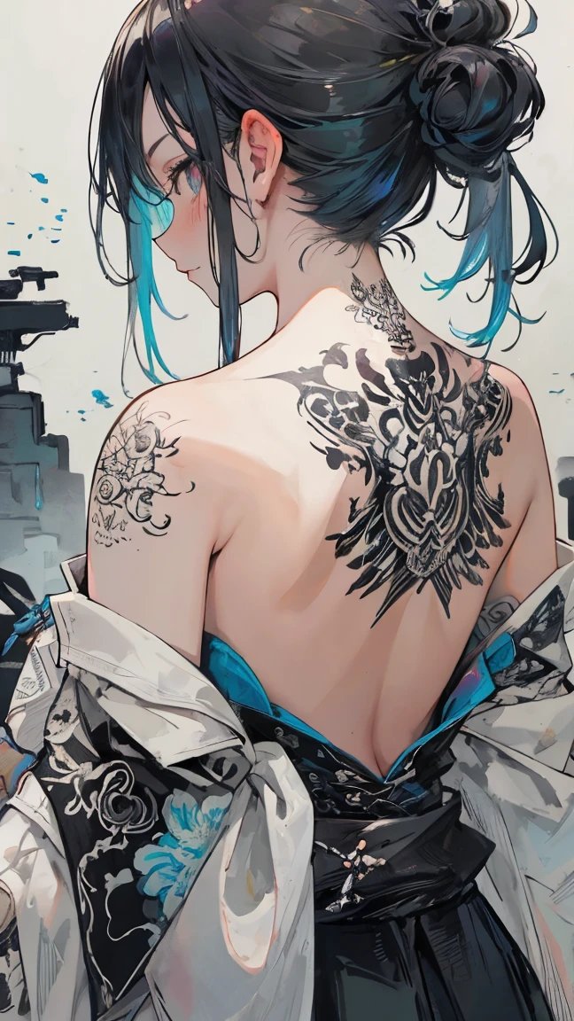 ((Best masterpiece, Perfect quality, Ultra detailed)), A slender girl with black-blue hair and tattoos on her whole body, Naked, Red tattoos cover on her skin, Tattoos, Surgical scars, Back angle