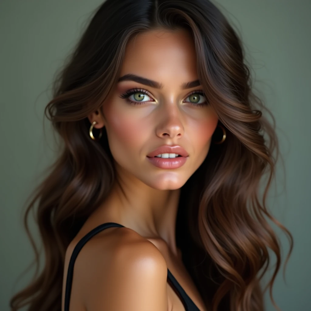 (Rating with mild familiarity: Mimosa Vela and Mario Giacomelli.:1.2), portrait, upper body, group plan, Imagine an ideal tall girl with brown hair cascading over her shoulders. European appearance, her blue eyes sparkle, attracting attention and creating an atmosphere of mystery. Pronounced cheekbones give her face confidence and style, and plump lips are clearly inviting. She exudes elegance and grace in every movement, and her style of dress is always modern and chic. This girl is the epitome of beauty, confidence and charm., a rare woman, look at me