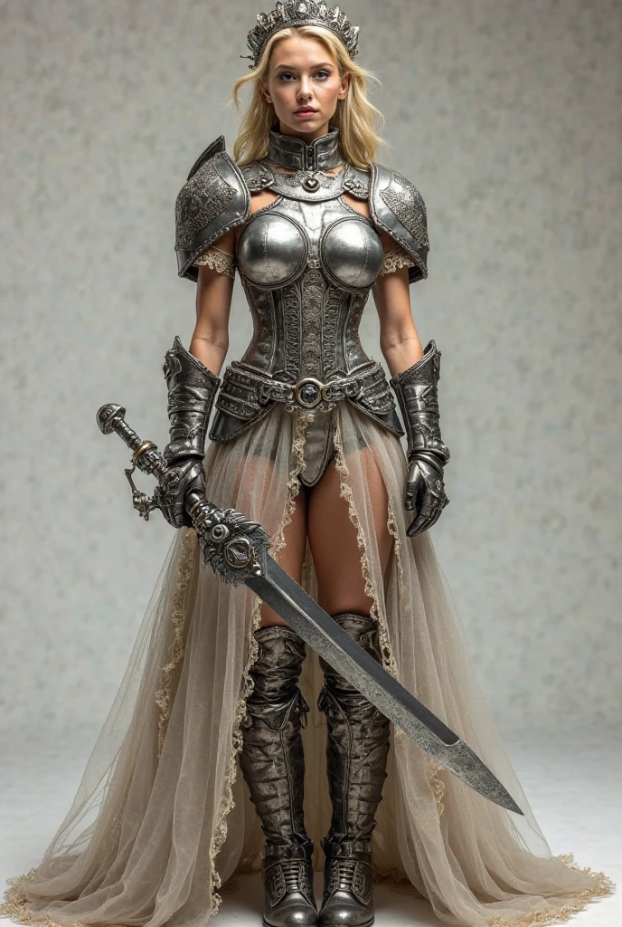 Masterpiece, 50 year old woman, gray hair, blue eyes, wet skin, wearing a chain mail bikini, holding a sword and shield, boots, on rugged terrain, realistic