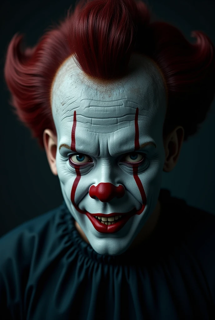 (blond man with creepy clown mask, black background, feeling of fear and mystery) (best quality, highres), detailed sinister eyes, detailed scary lips, dark and eerie atmosphere, chilling expression, intense shadows, haunting vibe, hair with a golden sheen, sharp and eerie features, sinister grin, mysterious aura, daunting presence, high contrast, dramatic lighting, intense gaze, creepy clown makeup, hair blowing in the wind, intense anticipation, goosebumps-inducing, bone-chilling, horror movie atmosphere
