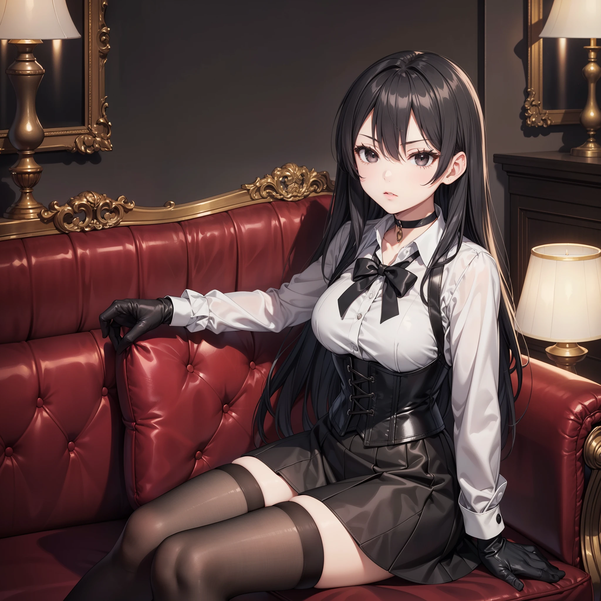 Masterpiece, beautiful art, professional artist, 8K, sciamano240 art style, very detailed face, detailed clothing, Detailed fabric, (A young girl of short stature), sitting on a couch, perfectly drawn body , beautiful face, closed lip vest, (long black hair), black eyes, very detailed eyes, serious expression, detailed lips, choker:1.6, (long sleeve buttoned white collar shirt), black gloves, gloves that cover my hands , (black leather corset), (short black skirt), ( brown stockings), show details in the eyes, elegant room, candelabras, at night