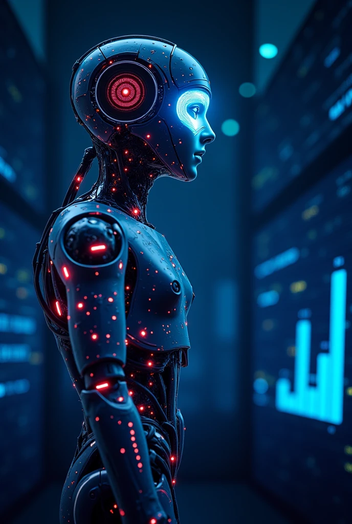 Generates a background image of a person fused with AI dedicated to betting, odds and tickets flying (Dollars) artificial lights in the background and the AI turns to look at the Sony Alpha 77 camera