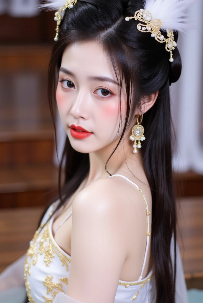 8K Ultra HD, table top, highest quality, beautiful girl, long hair, Beautiful necklaces, beautiful earrings, beautiful hair ornament, 17 year old girl, smile, Sexy, big breasts, cinematic lighting