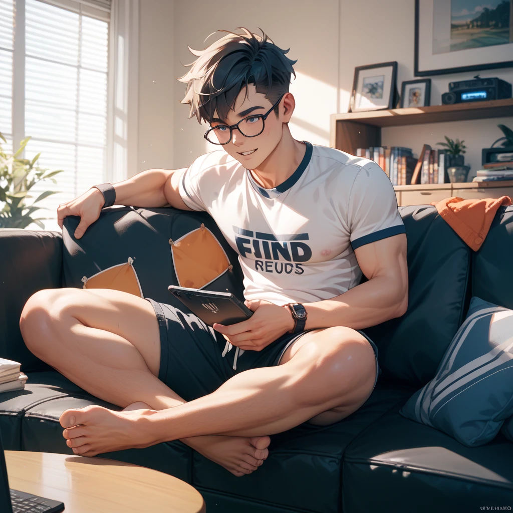 (masterpiece, best quality, ultra-detailed, best shadow), hyper detail, high resolution, high quality, 8k, epic,  very realistic, 1boy, fair skin, ginger hair, handsome, glasses, masculine, slim, cozy lighting, soft focus, sitting on floor, white socks, baggy sweater, black briefs, shirtless, 90s heartthrob, 90s, 1990s \(style\), bedroom, bedroom clutter, retro, game console, computer, cowboy shot, <lora:add_detail:1>,