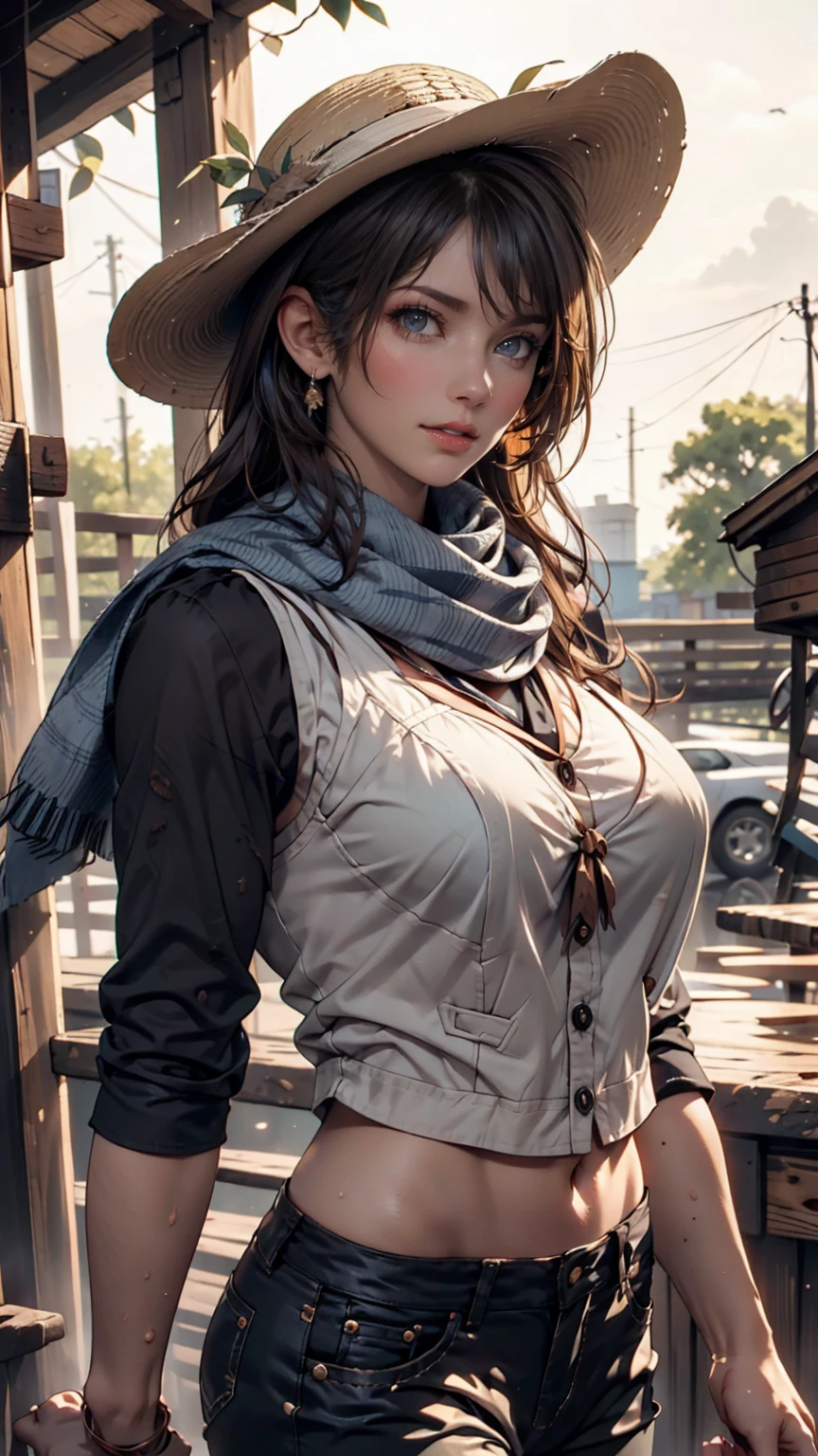 Portrait of a beautiful woman on a muddy farm:1.2 , Cowboy hat, Fringed waistcoat , pants, scarf , confidence , Mid-chest,Sexy proportions、Sexy、Narrow waist、Long eyelashes