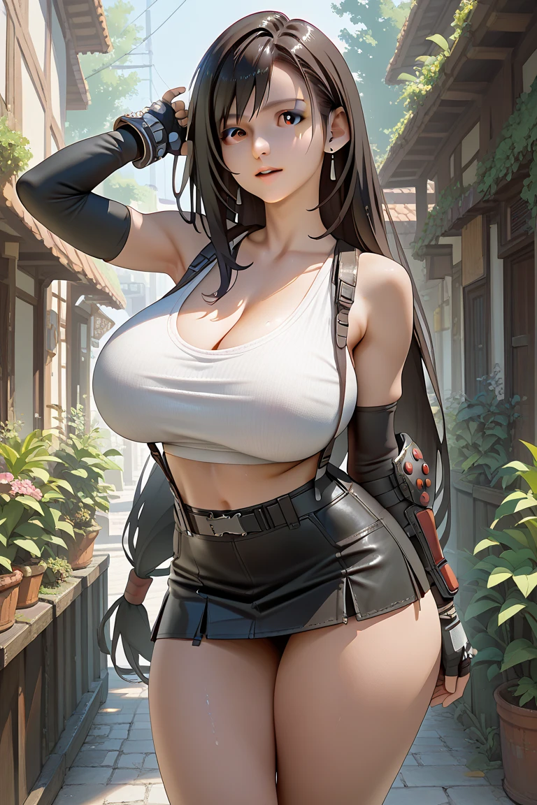 Anime Style、Final Fantasy VII, Tifa , Black Hair, White tank top、((side tie panties)), Large Breasts, Cleavage、Tight waist、Natural smile、underboob, Outdoors、looking back, cowboy shot, Model Pose, from below, Highest quality, masterpiece, High resolution, 