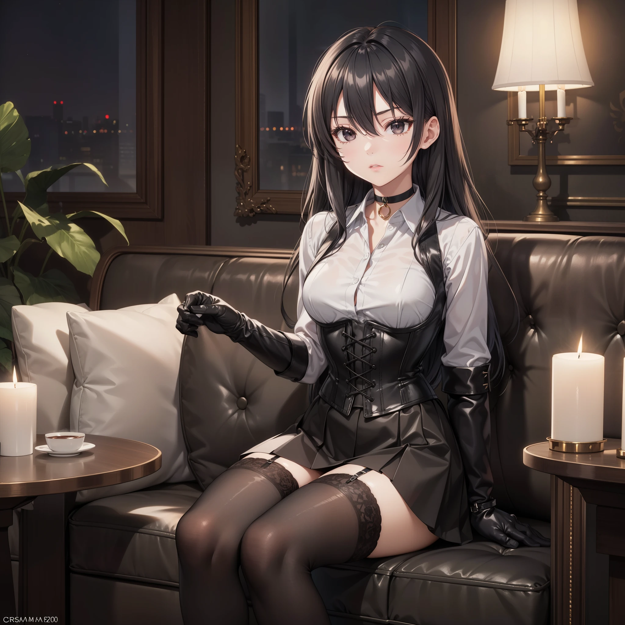 Masterpiece, beautiful art, professional artist, 8K, sciamano240 art style, very detailed face,  detailed clothing, Detailed fabric, (A young girl of short stature), sitting on a couch,  perfectly drawn body , beautiful face,  closed lip vest, (long black hair), black eyes, very detailed eyes, serious expression, detailed lips, choker:1.6, (long sleeve buttoned white collar shirt), black gloves,  gloves that cover my hands , (black leather corset), (short black skirt), ( brown stockings), show details in the eyes, elegant room, candelabras, at night