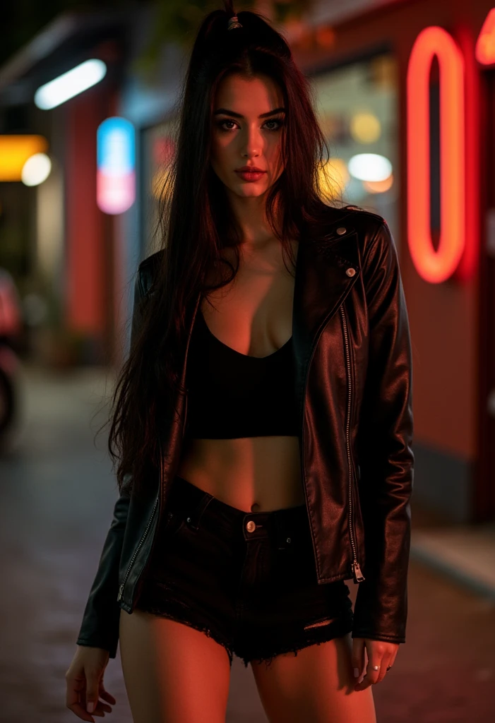 A young, gothic pinup stands
seductively outside a vintage 1950s
diner. She has pale, porcelain skin and
sharp features, with deep, blood-red lips
slightly parted in a teasing manner. Her
long, jet-black hair cascades down her
back, enhancing her sultry look. She
wears black stockings with red
detailing, paired with a short, black
leather jacket and knee-high, lace-up
boots with metal accents. Her fingers
are adorned with ornate rings, and she
wears a silver choker with a rune
pendant,
The scene is set outside a dimly lit
1950s diner, where neon lights cast an
eerie glow. An evil-looking vintage
Cruiser motorcycle is parked beside her,
its chrome gleaming ominously in the
night. The diner's retro sign and
checkerboard tiles add to the nostalgic
yet menacing vibe, with a sense of
danger lingering in the air.