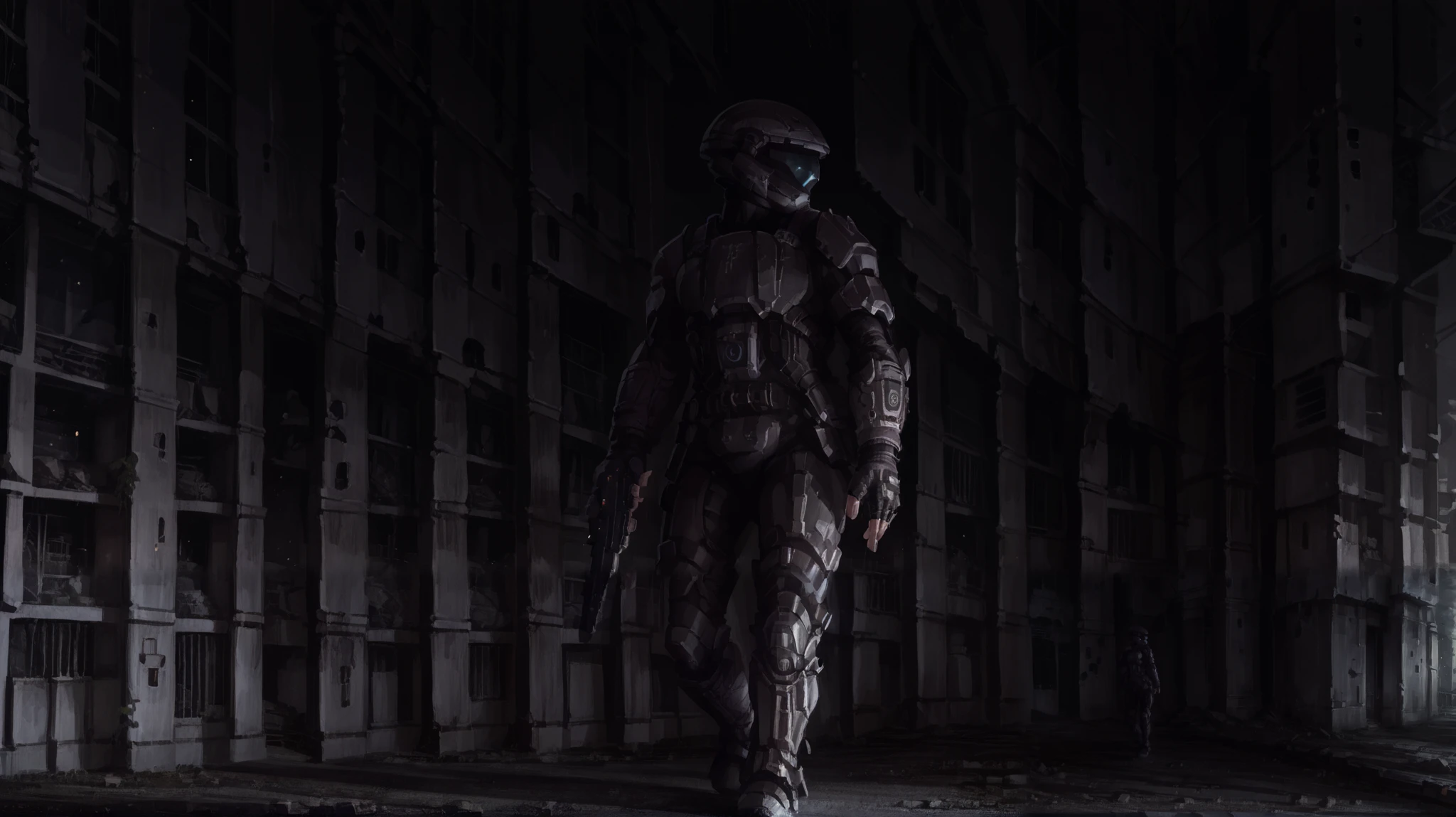 ODST,helmet,armor,fingerless gloves,female,solo,ruins city,flame on buildings,night,vision nocturnal,walking,full body,holding gun,crashed cars, city ruins, neon lights