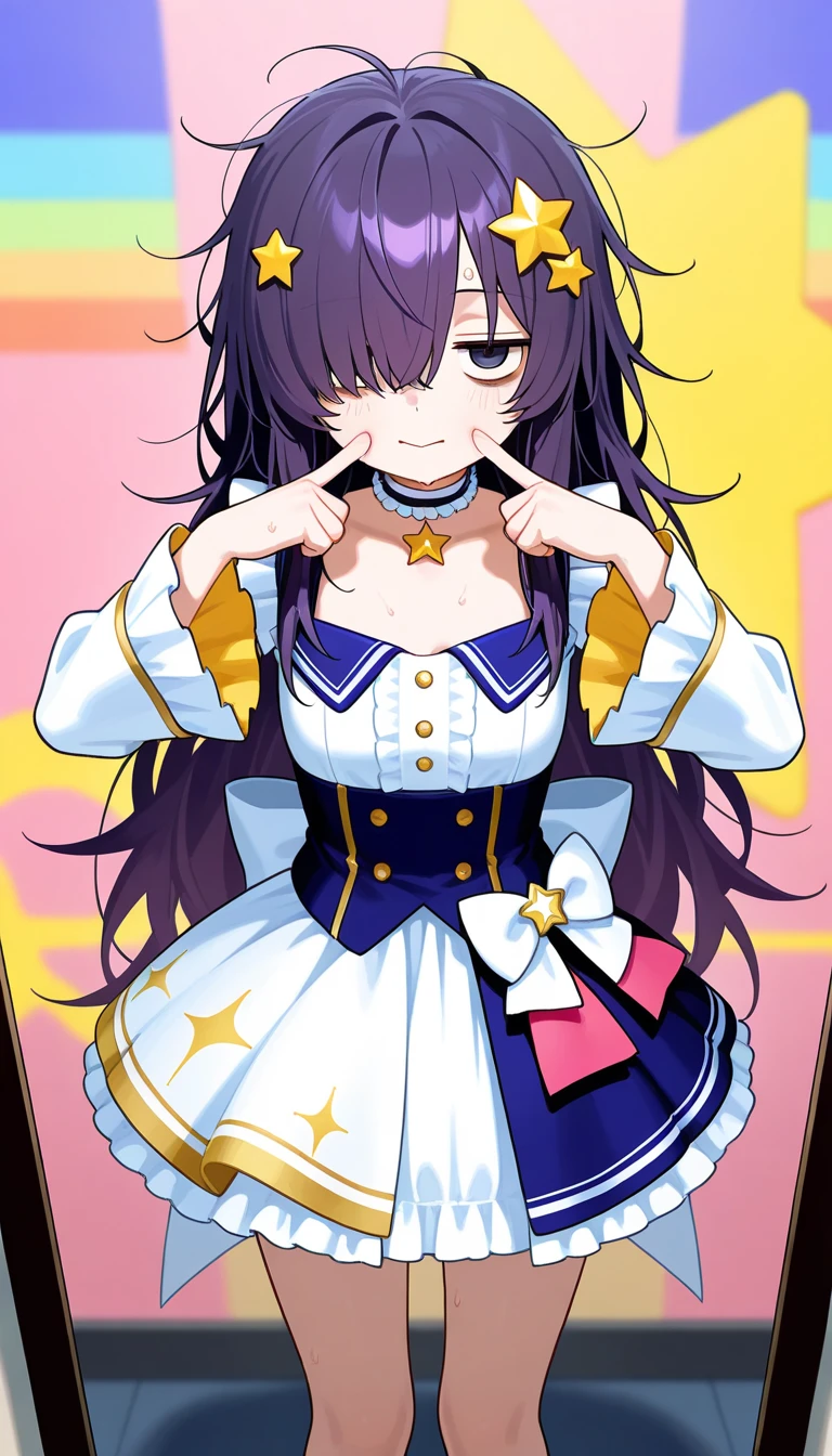 guantes, lengua sticking out, pelo largo, estrella (symbol), Ver visor, (cabello purpura: 1.2), ojos morados, parte superior del cuerpo, adorno para el pelo, volantes, pink camisa, sonrisa, sin mangas, camisa, idol, symbol shaped pupil, manos levantadas, golpes, one side up, estrella-shaped pupils, brazos levantados mirando al espectador, Signo de la paz, mano levantada, lengua out, of the highest quality, high resolution.