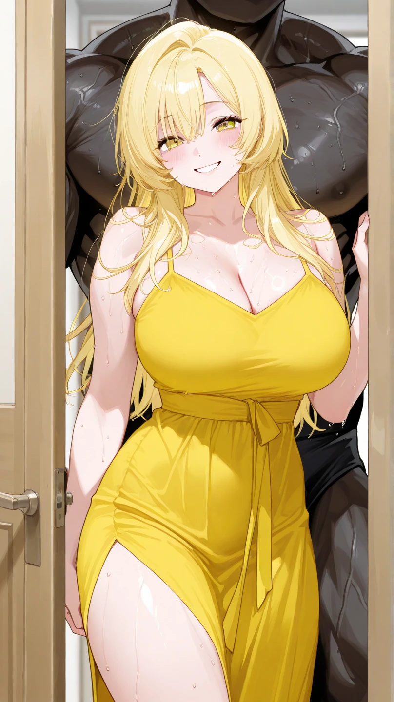 busty girl, yellow hair, yellow eyes, with yellow dress