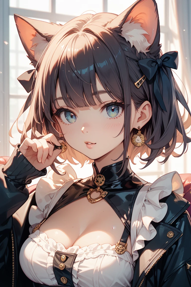 (((Masterpiece))), (portrait), diffused light, dynamic shadows, sharp focus, realistic, detailed, highres, absurdres, anatomically correct, seductive face, white background, torn clothes, looking to the side, black choker, belly button, medium breast