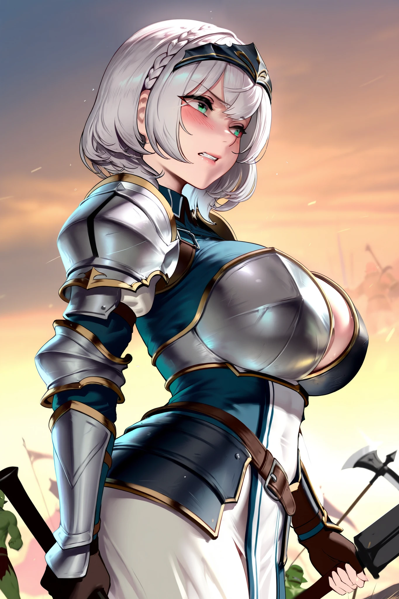 (Masterpiece), best quality, ultra detailed, 8k quality, expressive eyes, perfect face, perfect anatomy, perfect body, (hot woman), (yellow hair:1.1), short hair, messy hair, (detailed hand and finger:1.1), (ahoge), (green streak in hair:1.2), (heterochromia eyes:1.2), (blue-gray eyes:1.1), (perfect mascara), (black eyeliners:1.1), (pink lips:1.1), (white skin), (serious face), (skimpy silver paladin armor:1.3), (red cape), (slender body), (wide hips), (standing still), (holding a banner), (Hungarian flag:1.1), (red-white-green tricolor flag:1.2), (on top of castle wall), (green fields and mountains in distance), (detailed face and eyes:1.2), (huge breasts:1.1), (busty:1.1), (deep cleavage:1.1), (labia outline:1.3), (hard teat:1.3).