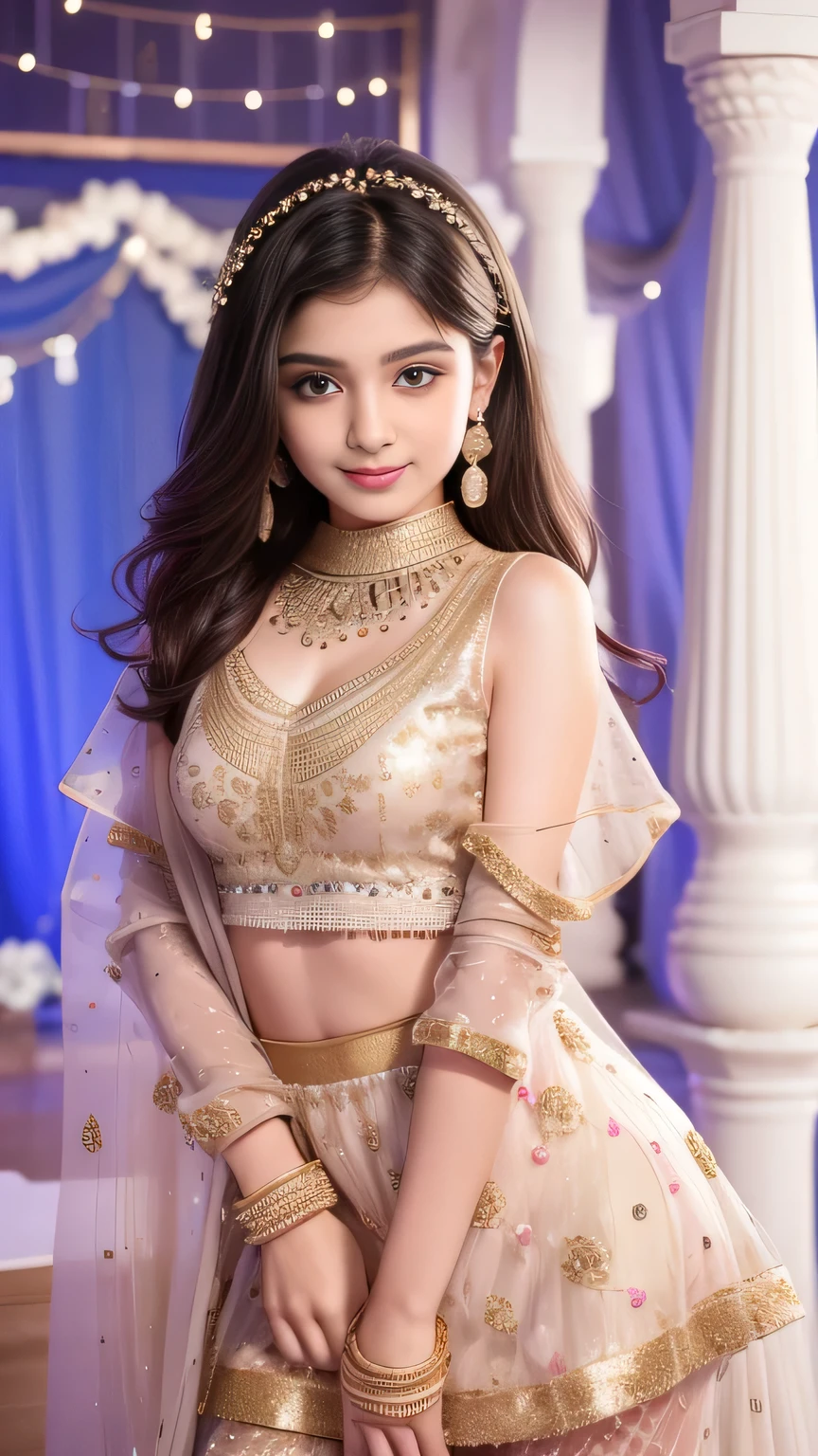 8K, ultra high detailed small pakistani full sharara small girl, happy smiling, flowing hair, impressive hairstyle, detailed eyes, detailed lips, small pakistani girl, short height,small girl, shararah,she has thick thighs, little innocent face , wearing full sharara, indian traditional event, standing small girl,, whole body, full sharara, background wedding
