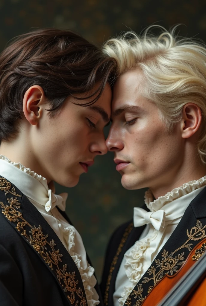 Young blond-haired prince man with crown on head kissing another short black haired plebeian man. Fundo do castelo e da floresta.