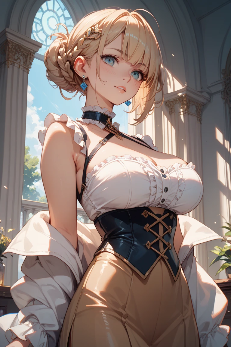 Masterpiece, Maximize highest quality:1.5, Maximum hyper beautiful and hyper realistic 3D digital illustrations:1.5, Hyper high power resolution, UHD, 16K, 1080p, Ultra hyper clear details, Smooth, soft and clearly and hyper realistic skin texture and hair texture:1.5, Hyper beautiful detailed eyes texture:1.5, Amazing dynamic movement:1.5, Beautiful backgrounds with depth of field, Hyper beautiful natural light, Rule of thirds, Maximize every effect and present it in the ultimate quality, 1woman, sexy, cool beauty, 25years old, beautiful face sharp, elegant mature woman, Ultimate perfect body style, beautiful big breasts, upturned breasts, beautiful green eyes, shiny blonde hair, short hair, Shag cut, (eyes visible through hair:1.3), glossy very thick lips, pink lipstick, smile:1.5, Wild maid outfit, dynamic pose, short leather skirt with lace trim, corset with metal studs, high boots with buckles, fingerless gloves, wild hairstyle, luxurious mansion parlor background,
