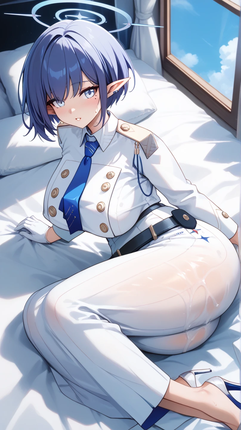 masterpiece, (Perfect Anatomy:1.5), highest quality, 1 lady , slender, leggy, Seductive, (wear a white long sleeved shirt, tie, navy officer winter jacket:1.5), white bikini pantie , barefoot, Perfect hands, Perfect body, reclining, lying on a sofa, leg lift , looking away, ((Exquisite detail)), Very finely crafted fingers(((10 fingers))), (full body showcase), (Show your whole body), (no background), (No logo) , high resolution, parted lips, belly button , feet up