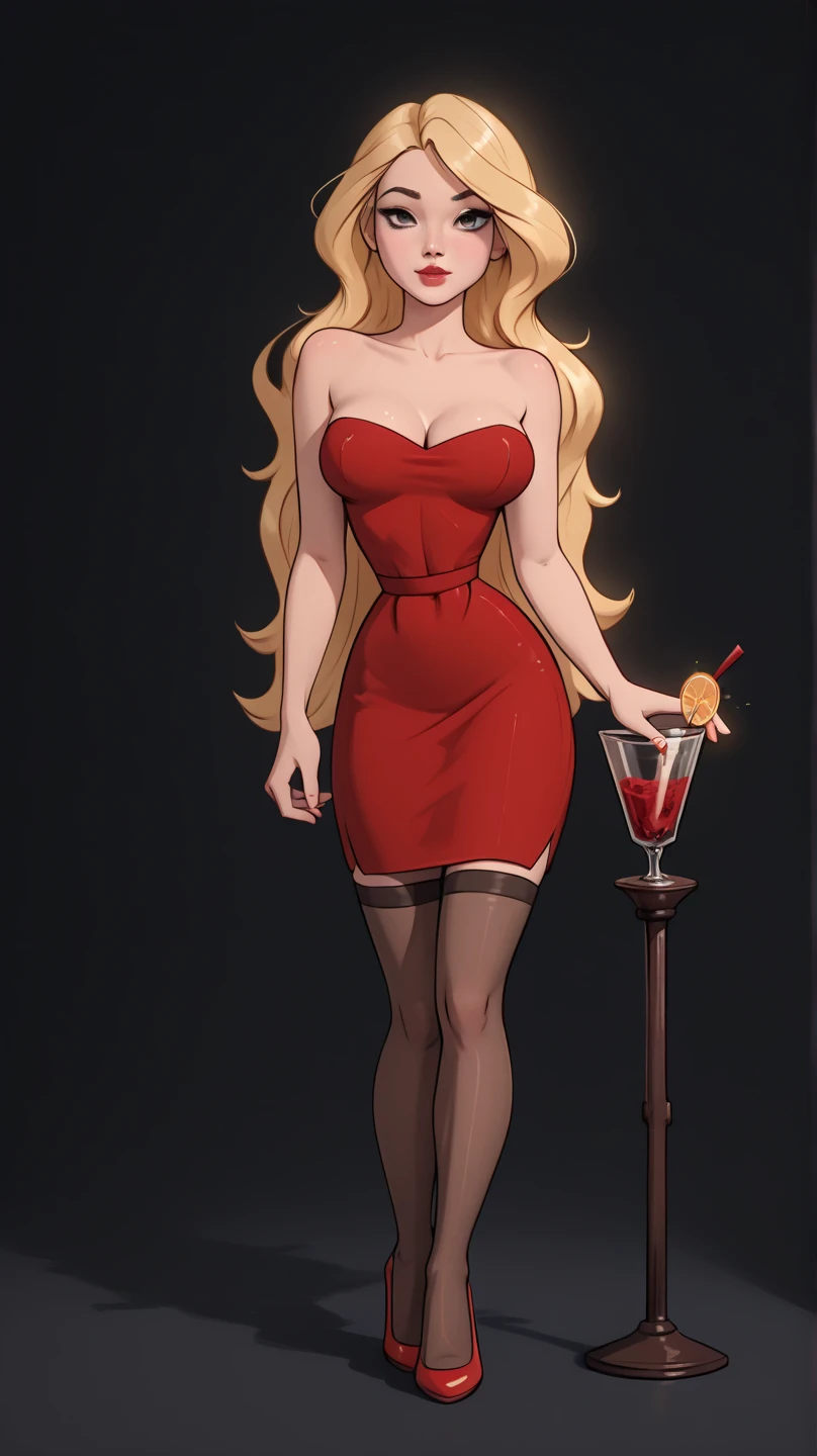 Masterpiece, best quality, 8k, Houdini render, beautiful women, slim figure, 80s style, big boobs, nice body, standing in bar, in red dress, deep cleavage, bottles in background
