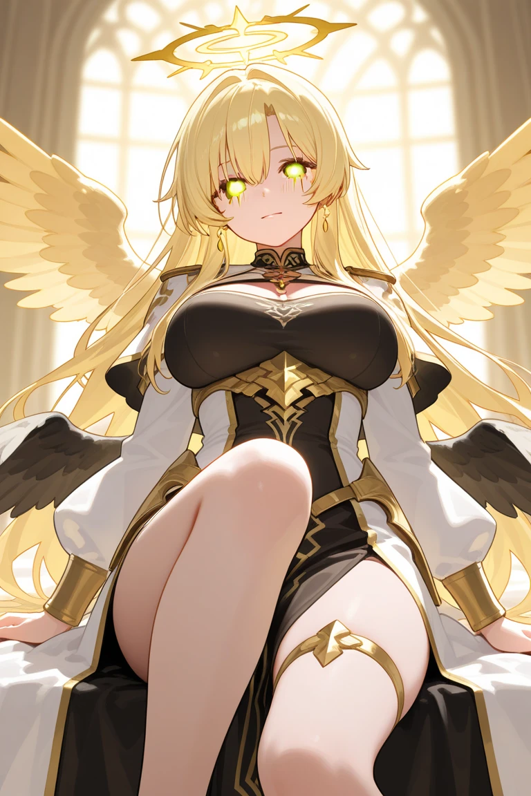 fubuki + Angel with blonde hair, red ends, shiny, smooth and silky fire, striking green eyes and elegant short dress in gold black colors with a ha ha ha print sitting facing forward on a bench with a galaxy in the background falling black petals super quality perfect anime 2.5D death note style strong strokes manga realistic quality niji 6v ultra detailed graphics