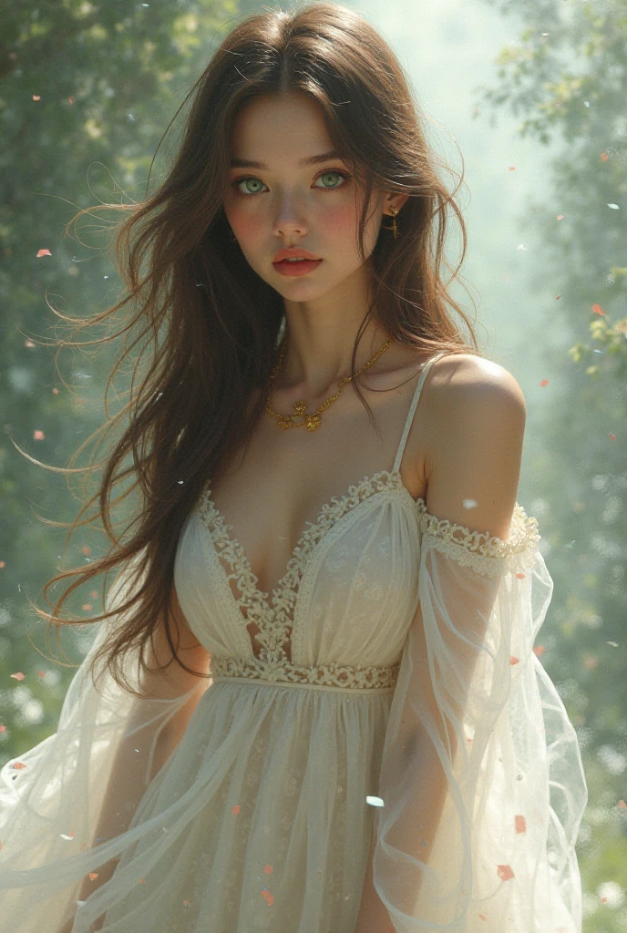 (spring),cute young_woman laughs, freckles, grey eyes, chestnut layered hair, cleavage, looking to camera, solo, half shot, detailed background, witch hat, witch, magical atmosphere, hair flowing in the wind, (White trimmed light colored sexy clothes),show panty,stripe stockings, whirl wind of swirling magic spell in the air, dark magic, (style-swirlmagic:0.8), floating particles, RAW photo, full sharp, (FullHD epic wallpaper) 8k uhd, dslr, soft lighting, high quality, film grain, Fujifilm XT3