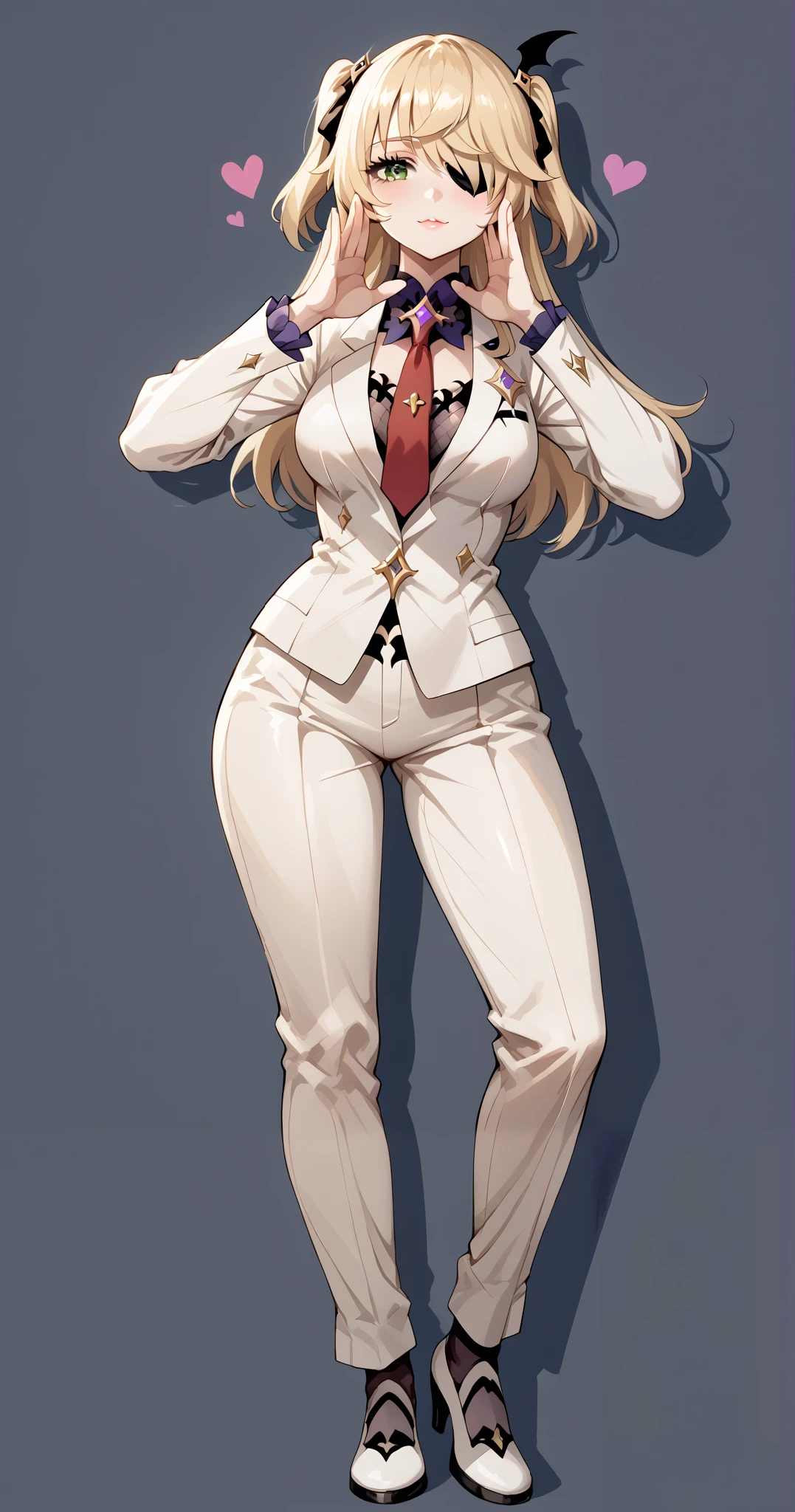 score_9, score_8_up, score_7_up, source_anime, 4K,perfect fingers,(perfect hands, perfect anatomy),prefect lighting, very aesthetic, intricate details,highly detailed background, masterpiece, high quality, best quality,
1girl,solo, fischl, fischl, long hair, bangs, ((blonde hair:1.5)), ribbon, green eyes, hair ribbon, hair over one eye, two side up, eyepatch, large breasts,,
wearing ((suit and tie with a red tie on her neck, )),,
Female forms a heart with her hands pose,