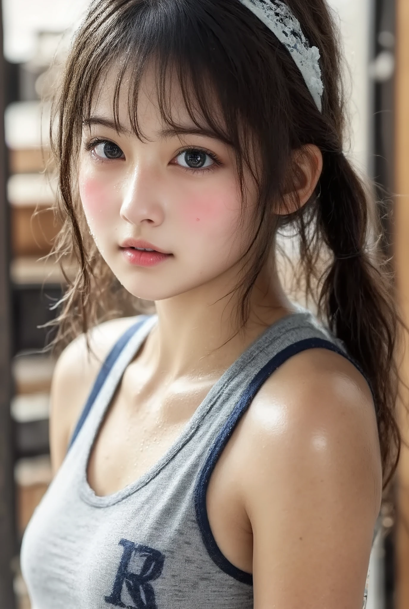 (Canon), (EOS R5), (50mm), (((photorealistic:1.5))), ( No Lens Flare :1.5), ((超high resolution)), (masterpiece), accurate,(realisticな質感の肌), Super Detail, High detail, high quality of wavy lines , winning work, 最high quality of wavy lines, 32K, depth of field, digital camera, award-winning glamour photo , professional lighting,(SFW), ((最high quality of wavy lines:1.5)), ((masterpiece:1.5)), ((realistic)), high resolution,realisticな影, Roughness, Real Life,((very beautiful and cute single Japanese woman:1.5)), ((The cuteness of a top Japanese idol)), (( upper body shot from head to knee :1.8)), ((Upper body shot above the knee seen obliquely from the front :1.5)), ( Upper body shot above the knee seen from the side :1.2), ((20 year old cute Japanese college girl )), 1 girl, (( A Very Cute and Cool Athlete )), (((豪華な設備やマシンが整備されたfitness gymでの撮影))), ( Muscular Slim Body ), ((muscular arms)), (( Muscular, toned stomach and belly button visible :1.8)), ((A gray, fairly short tank top with a dark blue border with lots of sweat and a navy blue Nike logo on the left chest:1.8)), (Gray sweatpants with a navy blue Nike logo ), (sweaty big breasts), (((The chest area of the short tank top is wet with sweat ))), ((sweaty body)), (( sweaty hair)), (I'm sweating a lot), ((( showing a sweaty underarm :1.8))), (( Grey short tank top with a sweaty navy blue border and a dark blue Nike logo on the left chest )), (Sweaty brown ponytail ), (Sweat running down my forehead), Big Bust, fitness gym, happy face, working out at the gym, ((improving the beauty of skin texture:1.5)), Perfect Fit Gym Wear, Attractive cuteness , Seductive Poses, Height: 160cm, slim figure, 綺麗な形のBig Bust, F Cup, ((( A very beautiful and cute Japanese woman :1.5))), ((A very cute smile with some teeth showing:1.5)), (alone:1.5), ( Securing Accurate Human Body Structure and Balance ), ( show your hands as little as possible ), (brown eyes:1.9), ( Detailed depiction of extremely realistic skin ), (Highly detailed, realistic eyes:1.9), ( extremely beautiful long realistic eyelashes ), (Highly detailed, realistic eyebrows), (丸いbrown eyes :1.8), ( beautiful catchlight on the eyes), (Realistic lips with moisture ), (White Realistic Teeth Arrayed Neatly), ( Beautiful and Detailed Face :1.6), (hourglass figure:1.6), (Wasp waist :1.5), (Perfectly round and beautifully shaped breasts:1.8), ( clearly contoured cheekbones :1.5), (perfect style body :1.8), (Healthy body :1.8), (Narrow shoulders:1.9), (viewers on a busy beach), (mesmerizing gaze on the outer corner of the eye), (Beautiful, natural-looking hands), ( Beautiful natural nails with a beautiful length ), (The groin is nice and smooth), (My armpit is clean and smooth ), Accurate hand shape, Accurate finger shape , leg shape accurate , foot shape accurate, accurate指の本数, Eliminate extra hands , Eliminate extra arms , Eliminate extra legs , Eliminate extra legs , Eliminate extra fingers , Eliminate fingers that are too long , accurate人体の構造とバランスの確保, (( show your hands as little as possible )), ((Show off your legs as little as possible :1.2)), Bright dynamic lighting ,