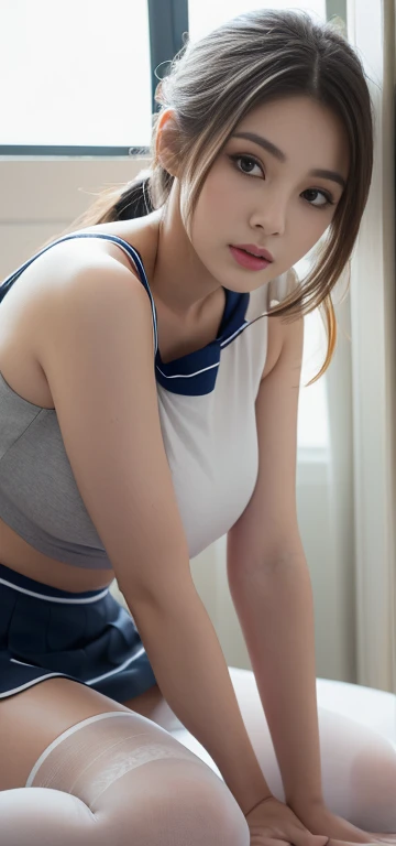 arafed asian woman sitting on a tennis court with a tennis racket, tennis wear, smooth white tight clothes suit, sporty, sport bra and shirt, sakimichan, open v chest clothes, korean girl, 奈良美智, cute sportswear, reluvy5213, hot with shining sun, chiho