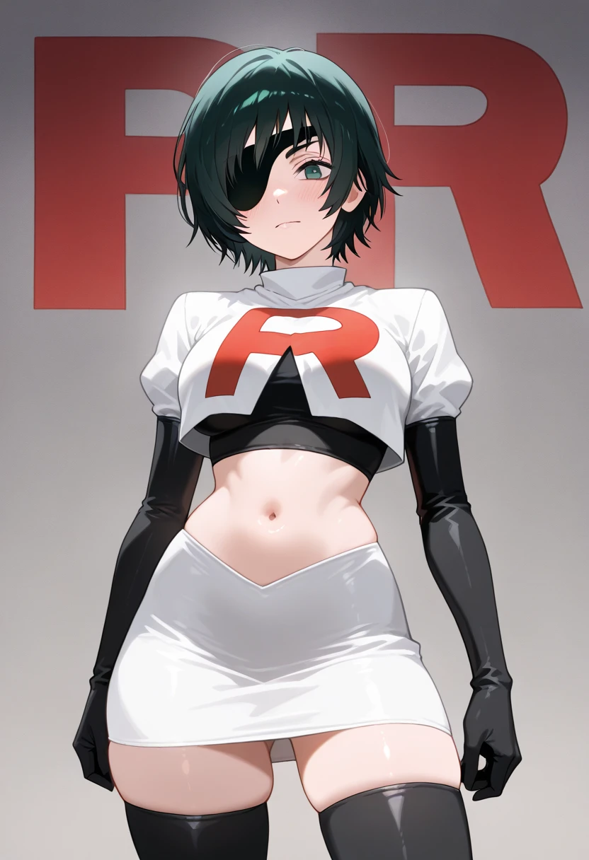 Erik, headband, short hair, grey eyes ,team rocket uniform, red letter R, white skirt,white crop top,black thigh-high boots, black elbow gloves, looking at viewer, cowboy shot,