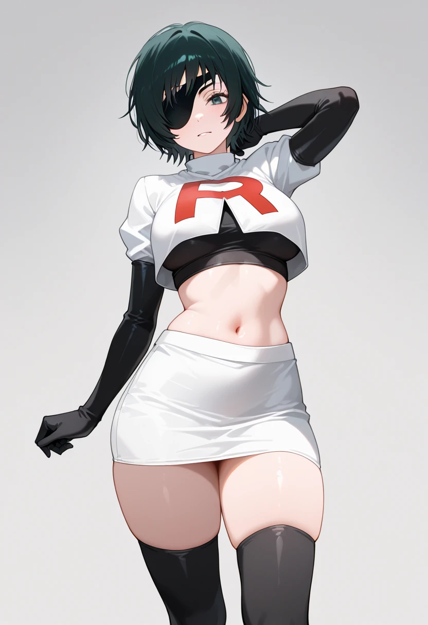 fubuki, fubuki, black hair, (green eyes:1.5), short hair,
BREAK jewelry, team rocket,team rocket uniform,white skirt,red letter R,crop top,black thigh-highs,black elbow gloves,
BREAK looking at viewer,
BREAK (masterpiece:1.2), best quality, high resolution, unity 8k wallpaper, (illustration:0.8), (beautiful detailed eyes:1.6), extremely detailed face, perfect lighting, extremely detailed CG, (perfect hands, perfect anatomy),