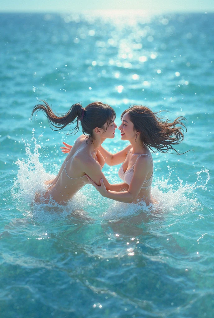 The girl is happily playing in the water to cool off in the universe