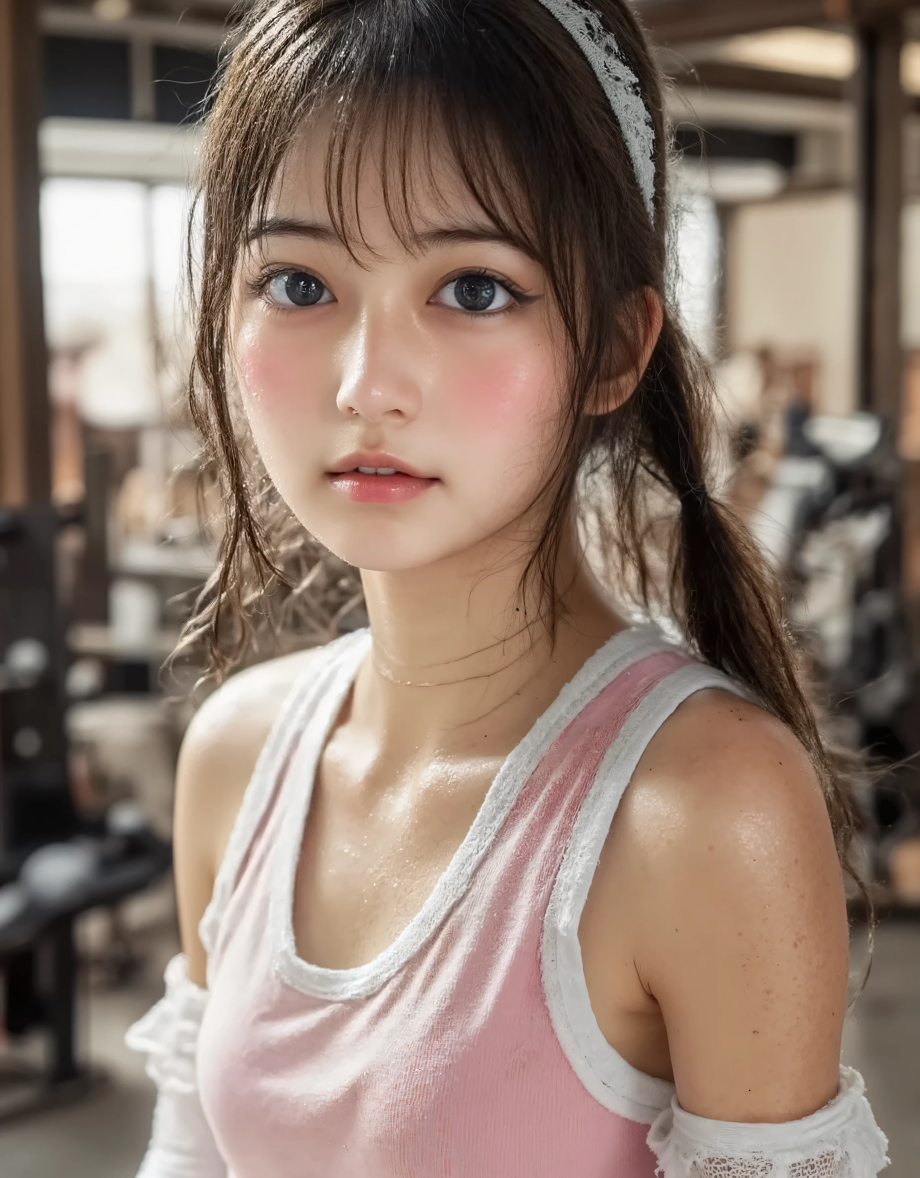(Canon), (EOS R5), (50mm), (((photorealistic:1.5))), ( No Lens Flare :1.5), ((超high resolution)), (masterpiece), accurate,(Realistic texture skin), Super Detail, High detail, high quality of wavy lines , winning work, 最high quality of wavy lines, 32K, depth of field, digital camera, award-winning glamour photo , professional lighting,(SFW), ((最high quality of wavy lines:1.5)), ((masterpiece:1.5)), ((realistic)), high resolution,Realistic shadow, Roughness, Real Life,((very beautiful and cute single Japanese woman:1.5)), ((The cuteness of a top Japanese idol)), (( upper body shot from head to knee :1.8)), ((Upper body shot above the knee seen obliquely from the front :1.5)), ( Upper body shot above the knee seen from the side :1.2), ((20 year old cute Japanese college girl )), 1 girl, (( A Very Cute and Cool Athlete )), (((shooting at a fitness gym equipped with luxurious equipment and machines))), ( muscular Slim Body ), ((muscular arms)), (( muscular, toned stomach and belly button visible :1.8)), (( pink pretty short tank top with heavily sweaty red border and red Nike logo on left chest:1.8)), (Pink sweatpants with red Nike logo ), (sweaty big breasts), (((The chest area of the short tank top is wet with sweat ))), ((sweaty body)), (( sweaty hair)), (I'm sweating a lot), ((( showing a sweaty underarm :1.8))), (( pink short tank top with sweaty red border and red Nike logo on left chest )), (Sweaty brown ponytail ), (Sweat running down my forehead), Big Bust, fitness gym, happy face, working out at the gym, ((improving the beauty of skin texture:1.5)), Perfect Fit Gym Wear, Attractive cuteness , Seductive Poses, Height: 160cm, slim figure, Beautifully shaped Big Bust, F Cup, ((( A very beautiful and cute Japanese woman :1.5))), ((A very cute smile with some teeth showing:1.5)), (alone:1.5), ( Securing Accurate Human Body Structure and Balance ), ( show your hands as little as possible ), (brown eyes:1.9), ( Detailed depiction of extremely realistic skin ), (Highly detailed, realistic eyes:1.9), ( extremely beautiful long realistic eyelashes ), (Highly detailed, realistic eyebrows), (丸いbrown eyes :1.8), ( beautiful catchlight on the eyes), (Realistic lips with moisture ), (White Realistic Teeth Arrayed Neatly), ( Beautiful and Detailed Face :1.6), (hourglass figure:1.6), (Wasp waist :1.5), (Perfectly round and beautifully shaped breasts:1.8), ( clearly contoured cheekbones :1.5), (perfect style body :1.8), (Healthy body :1.8), (Narrow shoulders:1.9), (viewers on a busy beach), (mesmerizing gaze on the outer corner of the eye), (Beautiful, natural-looking hands), ( Beautiful natural nails with a beautiful length ), (The groin is nice and smooth), (My armpit is clean and smooth ), Accurate hand shape, Accurate finger shape , leg shape accurate , foot shape accurate, Accurate , Eliminate extra hands , Eliminate extra arms , Eliminate extra legs , Eliminate extra legs , Eliminate extra fingers , Eliminate fingers that are too long , accurate ensuring human body structure and balance , (( show your hands as little as possible )), ((Show off your legs as little as possible :1.2)), Bright dynamic lighting ,