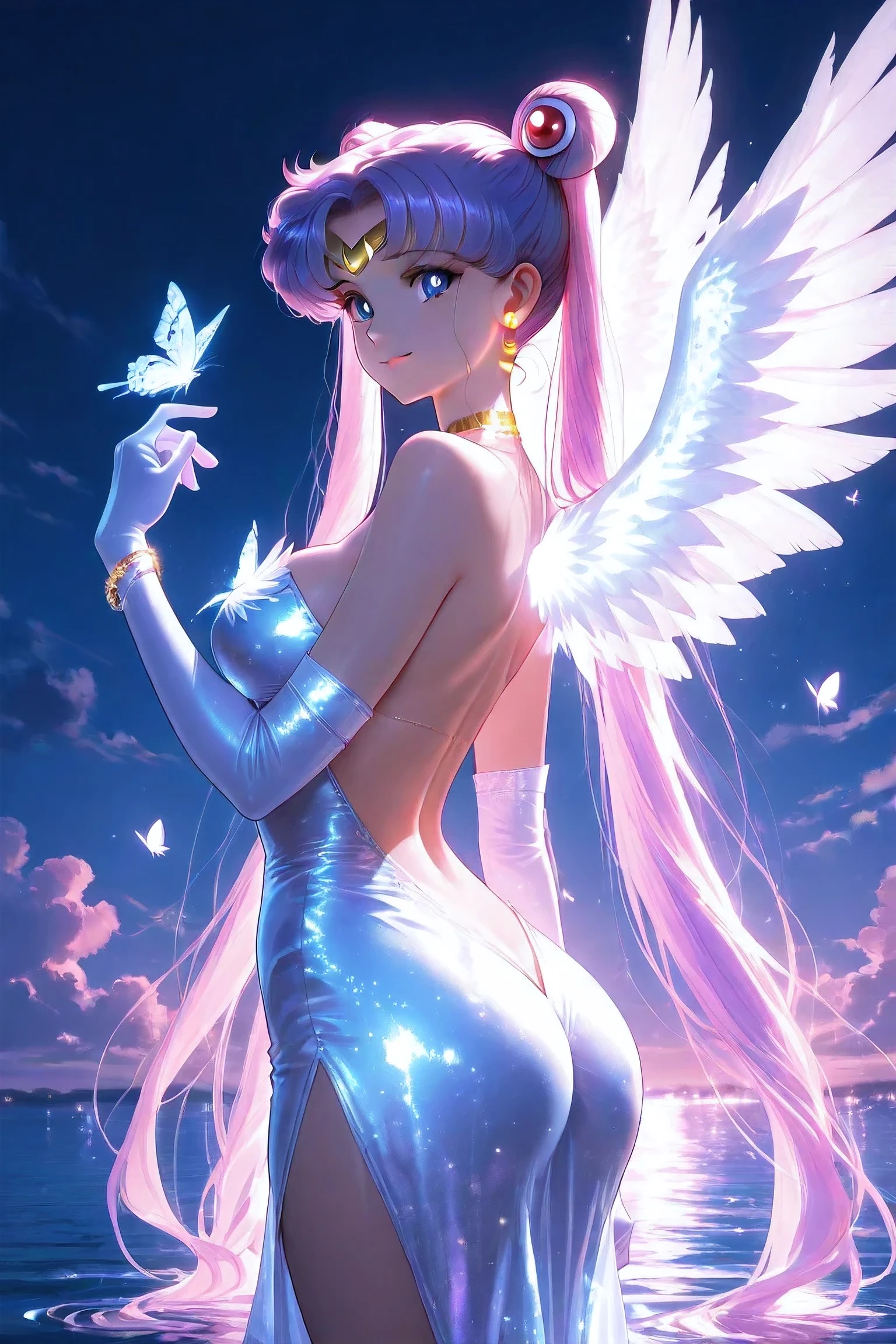 1girl, breasts, bug, butterfly, dress, gloves, wings, jewelry,(( sailor Moon)), long_hair, elbow_gloves, solo, large_breasts, bangs, looking_at_viewer, blue_eyes, blue_butterfly, bare_shoulders, blunt_bangs, smile, butt_crack, necklace, feathered_wings, ass, blue_gloves, night, cleavage, strapless, sky, water, purple_hair, bracelet, strapless_dress, earrings, backless_outfit, backless_dress, blue_dress, night_sky, from_side, hand_up, closed_mouth, cloud, shiny, black_dress, straight_hair, butterfly_on_hand, angel_wings, glowing, big hips,