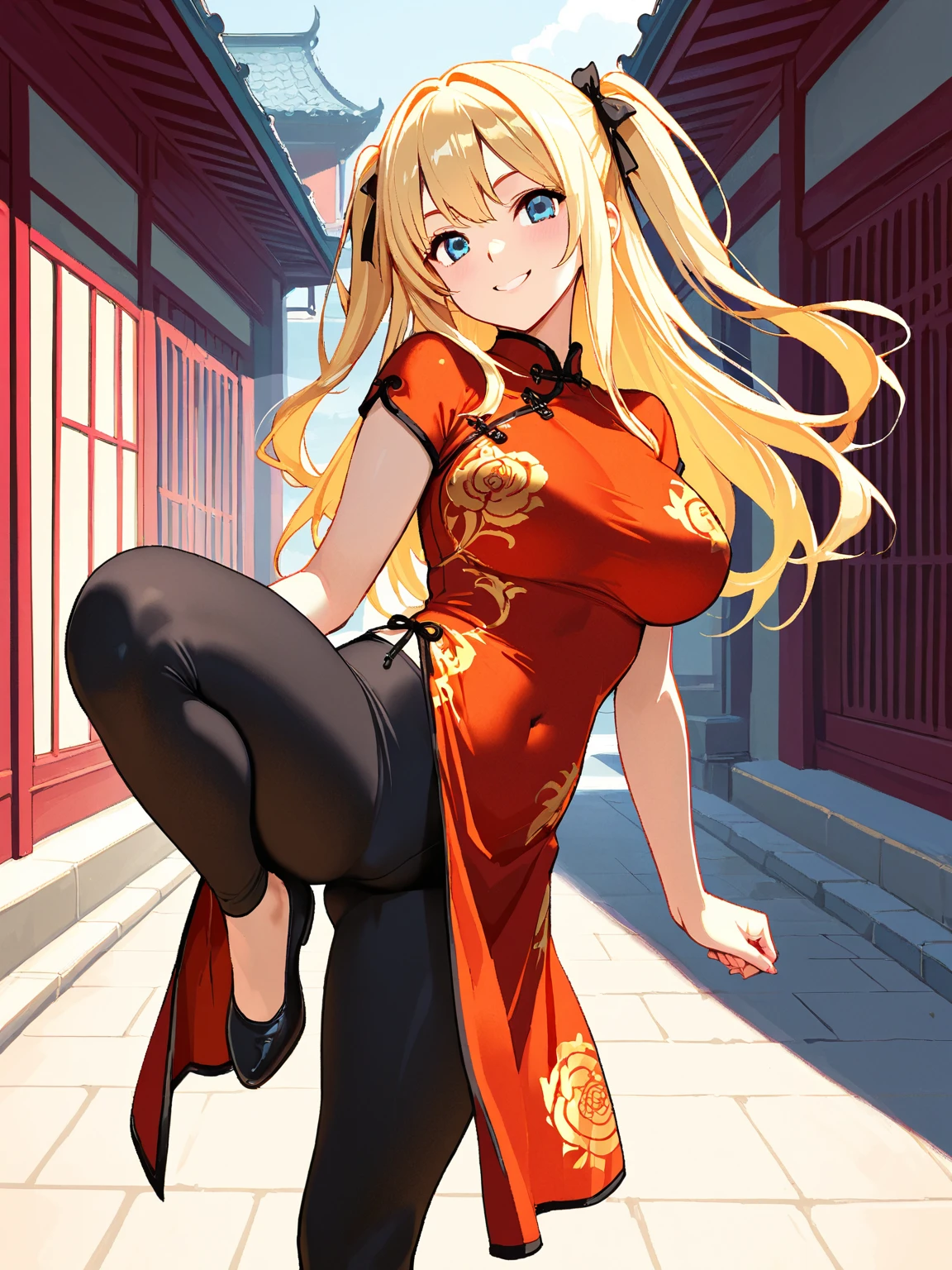 Anime-style illustrations、1 Girl、Blonde、Twin tails, hair ornaments、Squat、China dress, smile、Thighs、