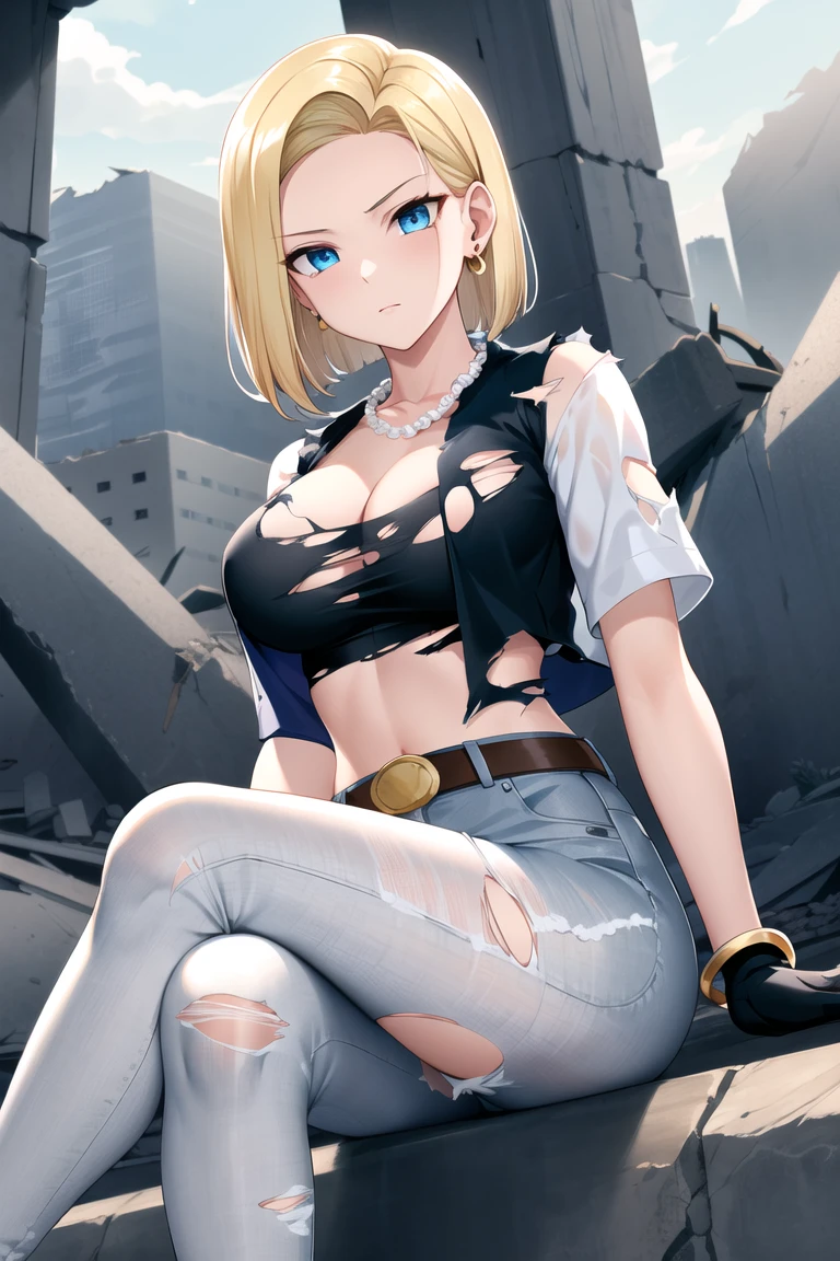 best quality, highres, and18, 1girl, android 18, solo, blonde hair, blue eyes, mini skirt, black gloves, white shirt, short hair, short sleeves, earrings, open vest, black vest, large breasts, (ruins:1.3), (torn clothes:1.5), sitting, expressionless, cleavage, spread legs