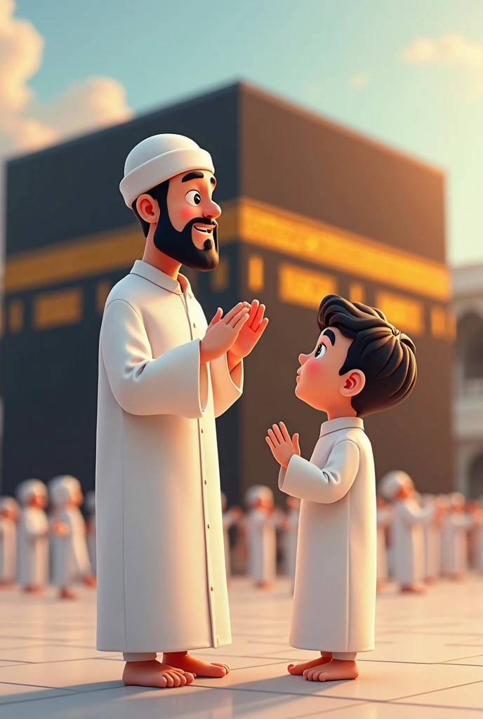 Animated image of a black-haired Muslim man wearing a white turban with a large body and an old woman wearing a headscarf wearing all white clothes, they sit kneeling in front of the Kaaba, crying while praying in front of the Kaaba. 