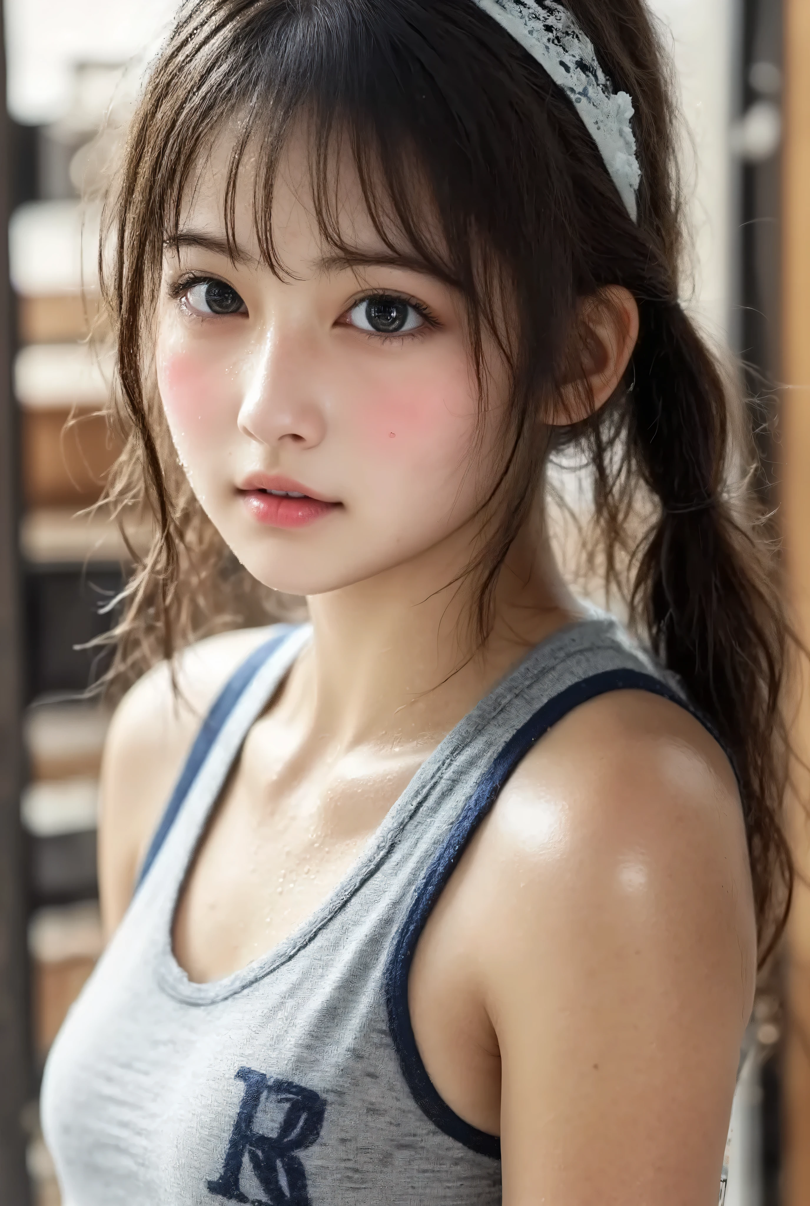 (Canon), (EOS R5), (50mm), (((photorealistic:1.5))), ( No Lens Flare :1.5), ((超high resolution)), (masterpiece), accurate,(Realistic texture skin), Super Detail, High detail, high quality of wavy lines , winning work, 最high quality of wavy lines, 32K, depth of field, digital camera, award-winning glamour photo , professional lighting,(SFW), ((最high quality of wavy lines:1.5)), ((masterpiece:1.5)), ((realistic)), high resolution,Realistic shadow, Roughness, Real Life,((very beautiful and cute single Japanese woman:1.5)), ((The cuteness of a top Japanese idol)), (( upper body shot from head to knee :1.8)), ((Upper body shot above the knee seen obliquely from the front :1.5)), ( Upper body shot above the knee seen from the side :1.2), ((20 year old cute Japanese college girl )), 1 girl, (( A Very Cute and Cool Athlete )), (((shooting at a fitness gym equipped with luxurious equipment and machines))), ( muscular Slim Body ), ((muscular arms)), (( muscular, toned stomach and belly button visible :1.8)), ((A gray, fairly short tank top with a dark blue border with lots of sweat and a navy blue Nike logo on the left chest:1.8)), (Gray sweatpants with a navy blue Nike logo ), (sweaty big breasts), (((The chest area of the short tank top is wet with sweat ))), ((sweaty body)), (( sweaty hair)), (I'm sweating a lot), ((( showing a sweaty underarm :1.8))), (( Grey short tank top with a sweaty navy blue border and a dark blue Nike logo on the left chest )), (Sweaty brown ponytail ), (Sweat running down my forehead), Big Bust, fitness gym, happy face, working out at the gym, ((improving the beauty of skin texture:1.5)), Perfect Fit Gym Wear, Attractive cuteness , Seductive Poses, Height: 160cm, slim figure, Beautifully shaped Big Bust, F Cup, ((( A very beautiful and cute Japanese woman :1.5))), ((A very cute smile with some teeth showing:1.5)), (alone:1.5), ( Securing Accurate Human Body Structure and Balance ), ( show your hands as little as possible ), (brown eyes:1.9), ( Detailed depiction of extremely realistic skin ), (Highly detailed, realistic eyes:1.9), ( extremely beautiful long realistic eyelashes ), (Highly detailed, realistic eyebrows), (丸いbrown eyes :1.8), ( beautiful catchlight on the eyes), (Realistic lips with moisture ), (White Realistic Teeth Arrayed Neatly), ( Beautiful and Detailed Face :1.6), (hourglass figure:1.6), (Wasp waist :1.5), (Perfectly round and beautifully shaped breasts:1.8), ( clearly contoured cheekbones :1.5), (perfect style body :1.8), (Healthy body :1.8), (Narrow shoulders:1.9), (viewers on a busy beach), (mesmerizing gaze on the outer corner of the eye), (Beautiful, natural-looking hands), ( Beautiful natural nails with a beautiful length ), (The groin is nice and smooth), (My armpit is clean and smooth ), Accurate hand shape, Accurate finger shape , leg shape accurate , foot shape accurate, Accurate , Eliminate extra hands , Eliminate extra arms , Eliminate extra legs , Eliminate extra legs , Eliminate extra fingers , Eliminate fingers that are too long , accurate ensuring human body structure and balance , (( show your hands as little as possible )), ((Show off your legs as little as possible :1.2)), Bright dynamic lighting ,