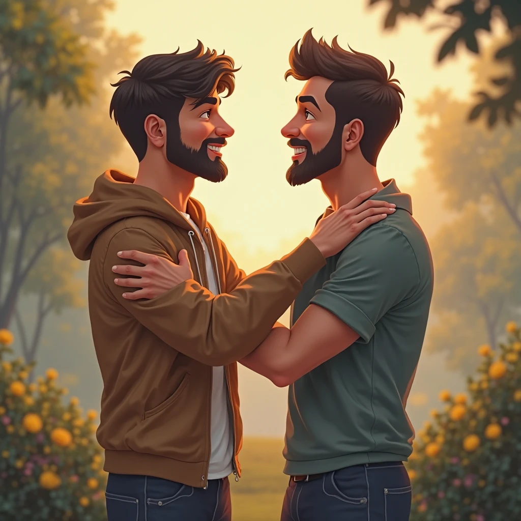 Gay man couple ,a tropical garden with some marijuana plants,exuberante, wearing a dress shirt and military green pants , with a close-up capturing the harmonious beauty among natural flowers, showing off your natural charm and outgoing personality.
Smoking the joint, holding a cell phone 