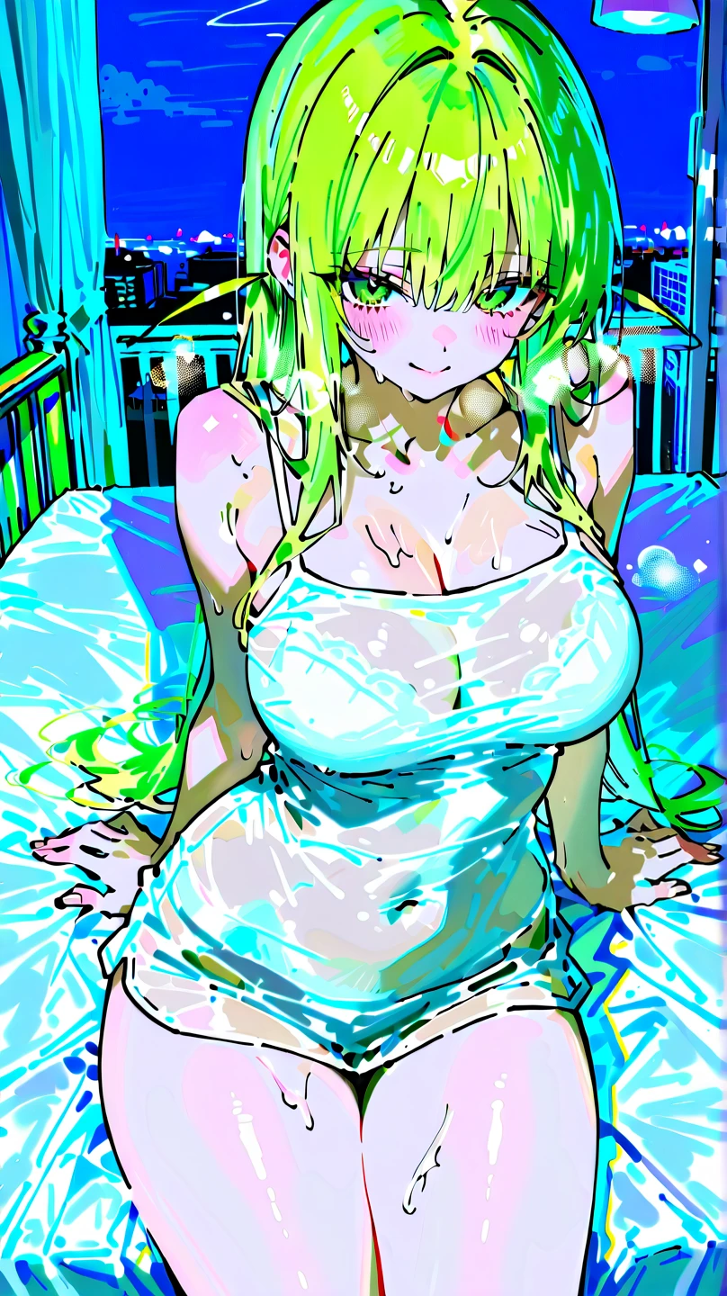 Portrait, masterpiece, best quality, highres, perfect anatomy, looking at viewer
BREAK
Cowboy shot, Kneeling
BREAK
aizawa ema, long hair, gradient hair, blond hair, hair ornament, earrings, blue eyes, (large breasts:1.2), solo, 1woman, (white shirt), naked shirt, shirt tug
BREAK
(smile:1.1), (blush)
BREAK
on the bed, (night), (Dim lighting), very detailed 16KCG wallpapers