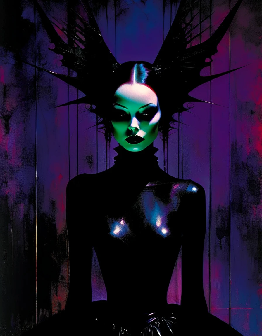 Darksynth aesthetic, minimalist background, gothic makeup, strange fashion photography, masterpiece. evening, (art inspired by Bill Sienkiewicz). oil painting)
