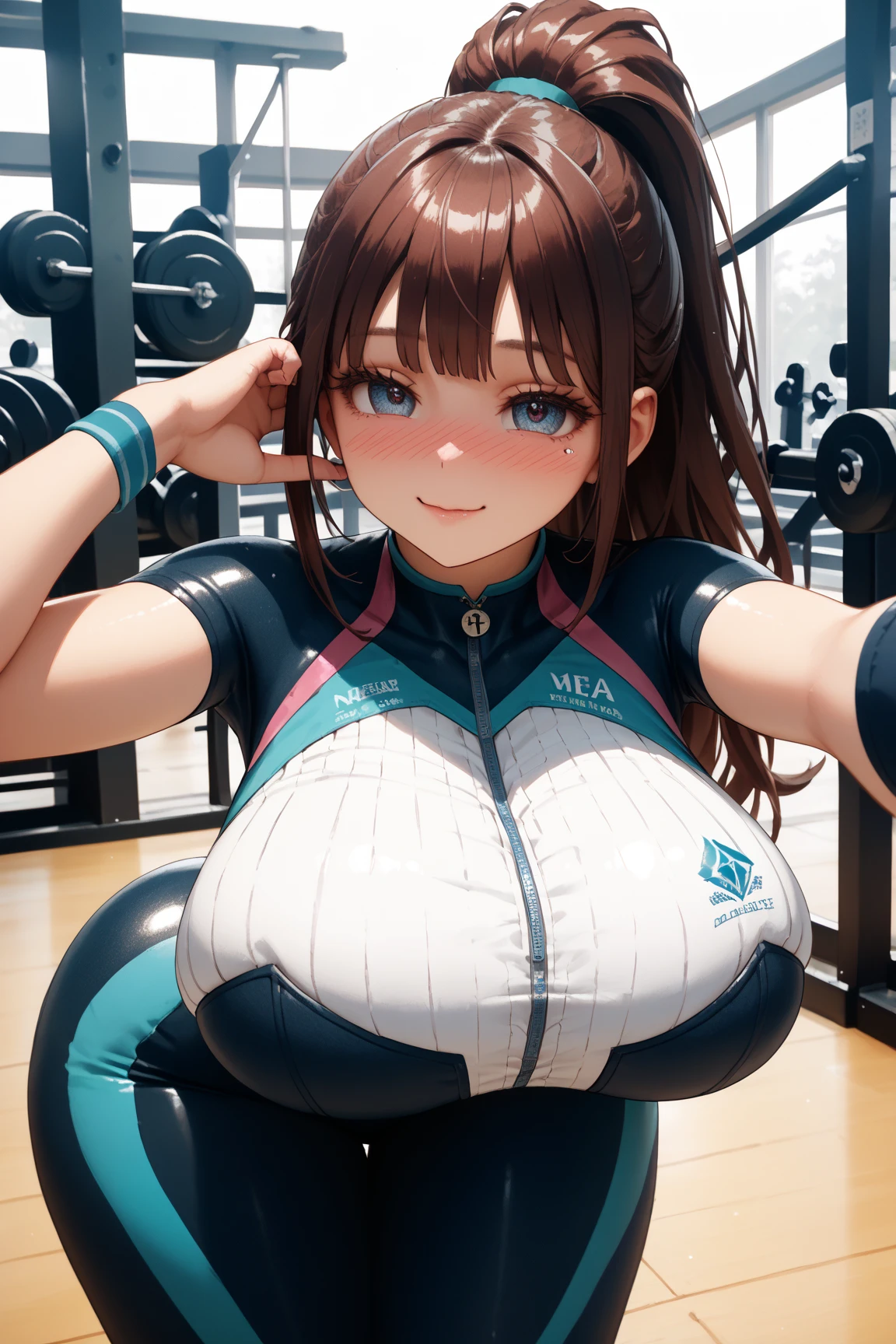 ((very slim)) Riley Reid, ((((huge boobs)))), (masterpiece), (beautiful face), smiling, 8k, (8k), (blue eyes), (best resolution), (best quality), hot gym outfit, at the gym entrance, (full body photo), at a night (((curvy silhouette)))