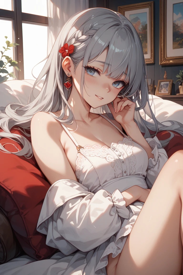 masterpiece, highest resolution, highest quality, camisole, bedroom, seduction, big breasts, cat ears, floral, yellow eyes, gray hair, twintails,