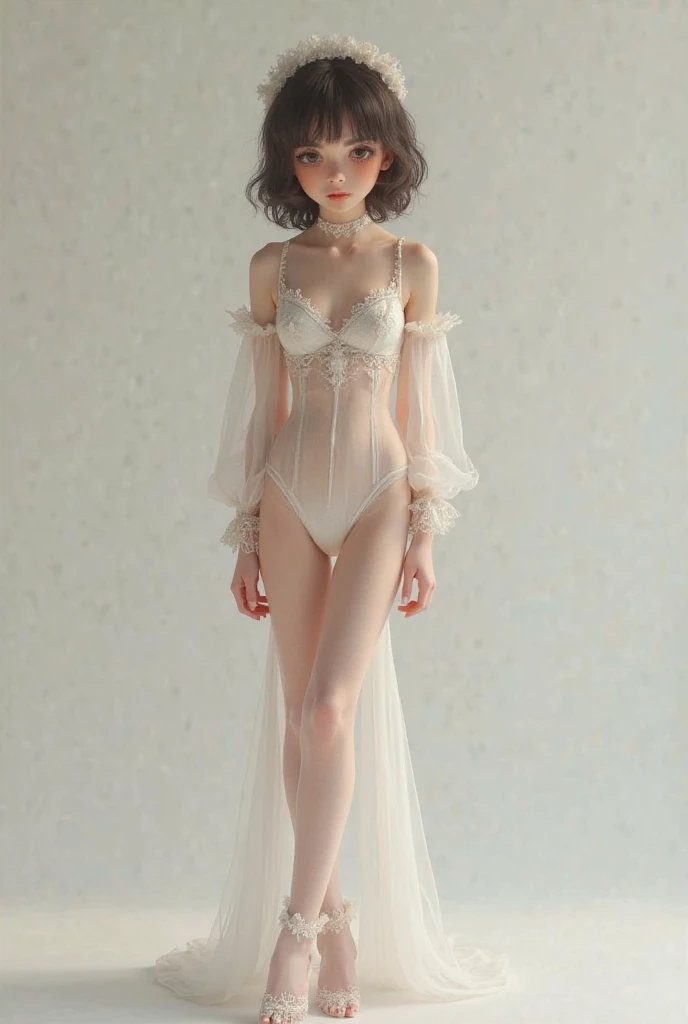 A girl in a dark scene,little girl,Wear jewelry and pearls around your neck,hollowed out,clean,curls, small, Face turned red, thigh, bare shoulders, clavicle, Willow Yao, barefoot,(masterpiece), slim,((Full body female love))