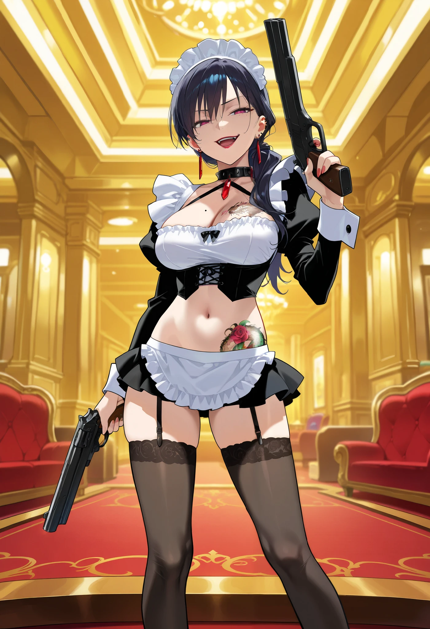 score_9, score_8_up, score_7_up, score_6_up, score_5_up, score_4_up, rating_questionable, , source_anime, digital illustration, pixiv, fanbox, uncensored, , BREAK, official art,
1girl, solo, mature female, kaneshiro,,black hair, long hair, [[[tattoo]]], earrings, breast tattoo, waist tattoo,
ear piercing, long hair, , lipstick, Hot girl, baddie, , sensual, attractive ,medium large breast, jewelry, earrings, complex detailed background, casino environment, fancy interior environment,
rich interior, masterpiece, best quality, highly detailed, a girl in maid uniforms, holding pistol, maid
outfit, cleavage, evil smile, smile, open mouth ,official artwork, (nsfw) not safe for work, beautiful maid
girl, , micro skirt, exposed belly, exposed navel, exposed midriff, exposed lower belly, holding a gun,, dragon tattoo, narrowed eyes, tattoo midriff ,, dual wielding, , smirk