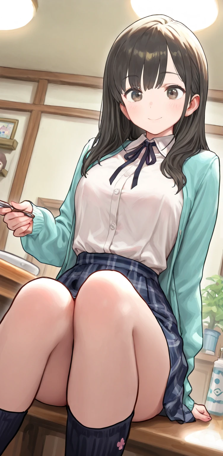 Girl, large forehead, black hair, smiling, black eyes, half-closed eyes, seductive, pencil, book, cheeky, sex, Doggystyle, dick inside, fucking while studying, studying, books, pencil, sultry, hot