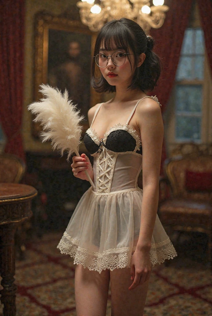 Russia,1900's photograph of 18 year old girl, smile,full pale red lips,Curled hair, wearing High-waisted White lace panties with traditional costume , spread legs, russian village, wooden living room,black background, (natural colors, correct white balance, color correction, dehaze,clarity)