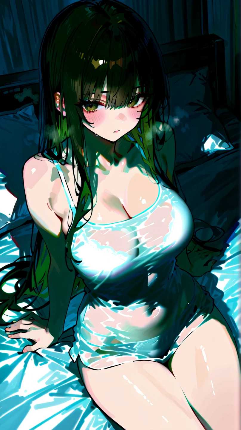 Silent night, quiet bamboo forest, bamboo leaves falling with the wind, full moon in the sky, fireflies flying,1girl,completely naked,nsfw,breast,