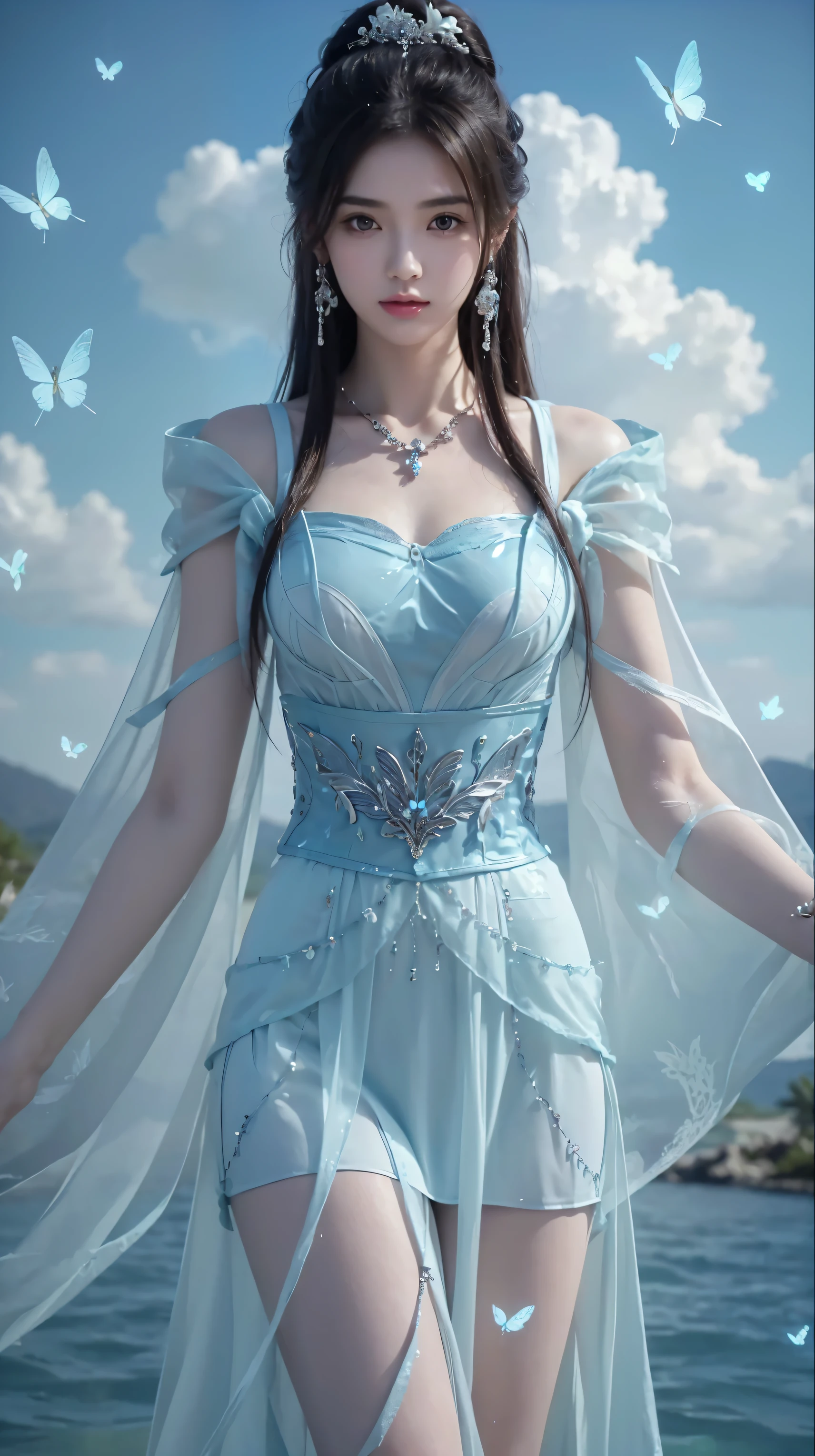 (Masterpiece, Top Quality, Best Quality, Official Art, Beauty and Aesthetics: 1.2), (1girl: 1.3), (Fractal Art: 1.3), Vibrant Aqua Blue Eyes, Medium Hair with Tassels, huge breasts, chubby, rob dress