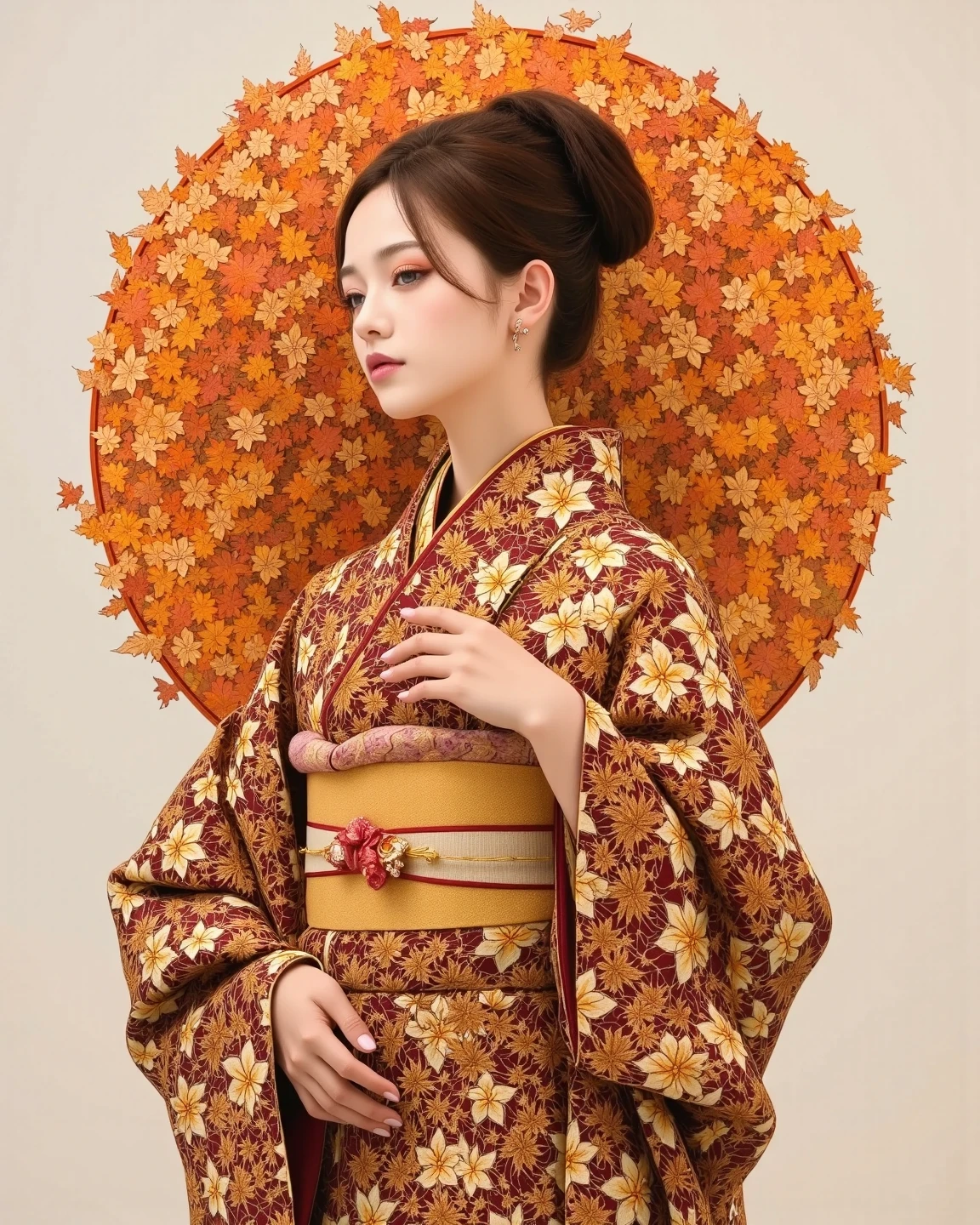 pop art、digital artwork、draw with brown ink on white paper、 Japanese kimono、white and brown brush strokes、 melancholy expression 、upper body、Thin slanted 、very detailed and dynamic、express shadows with accurate lines、Delicate and accurate expression、Salvia dancing in the background、 modern art 、Stroke Style、orange filter、stained glass
