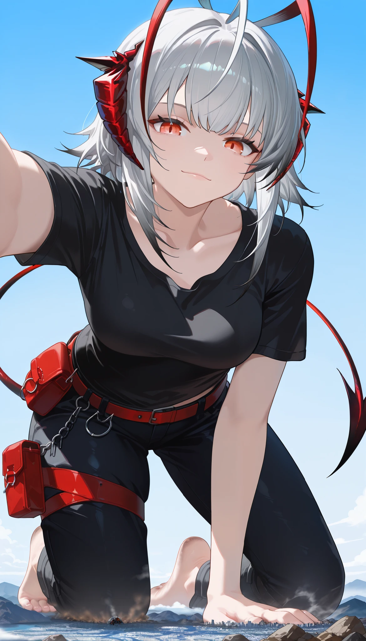 Alone, 1girl , W\arknights,wfugue, demon tail, looking at viewer, short hair, multicolored hair, grey hair, red hair, ahoge, antenna hair, demon horns, red eyes, black shirt, short sleeves, black pants, red belt, belt pouch, thigh pouch, collarbone, outdoors, rock, masterpiece, best quality, collapsed city,grown-up face,Outdoors,blue sky,(giantess),microcity,Trampling,is raising one leg,Soles,Solesを見せている,Trying to step on it,, dirty soles