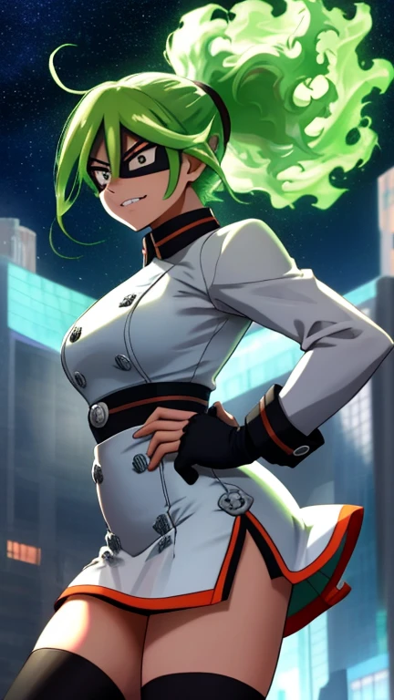 (best quality, masterpiece, RAW photo,ultra-detailed:1.2), <lyco:GoodHands-beta2:1.0>,1girl,solo,looking at viewer,smile <lyco:Burnin-10:0.7>burnin,((domino mask, eye mask, black mask)), large breasts, thighhighs,
fiery green hair, white clothes, from below, running, city, from side